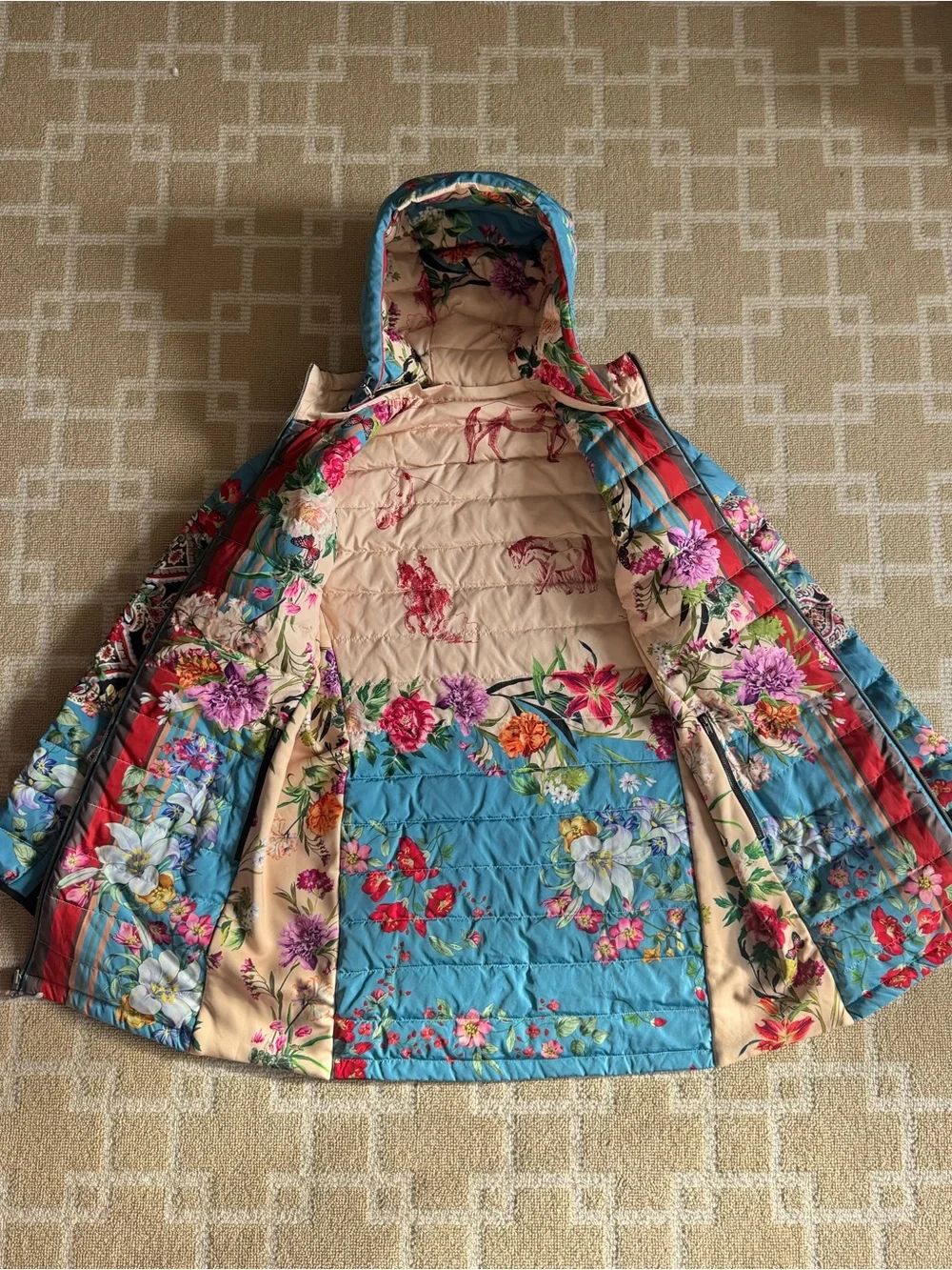 Johnny Was Santa Fe Reversible Down Puffer Parka Teal Multicolor Floral Large